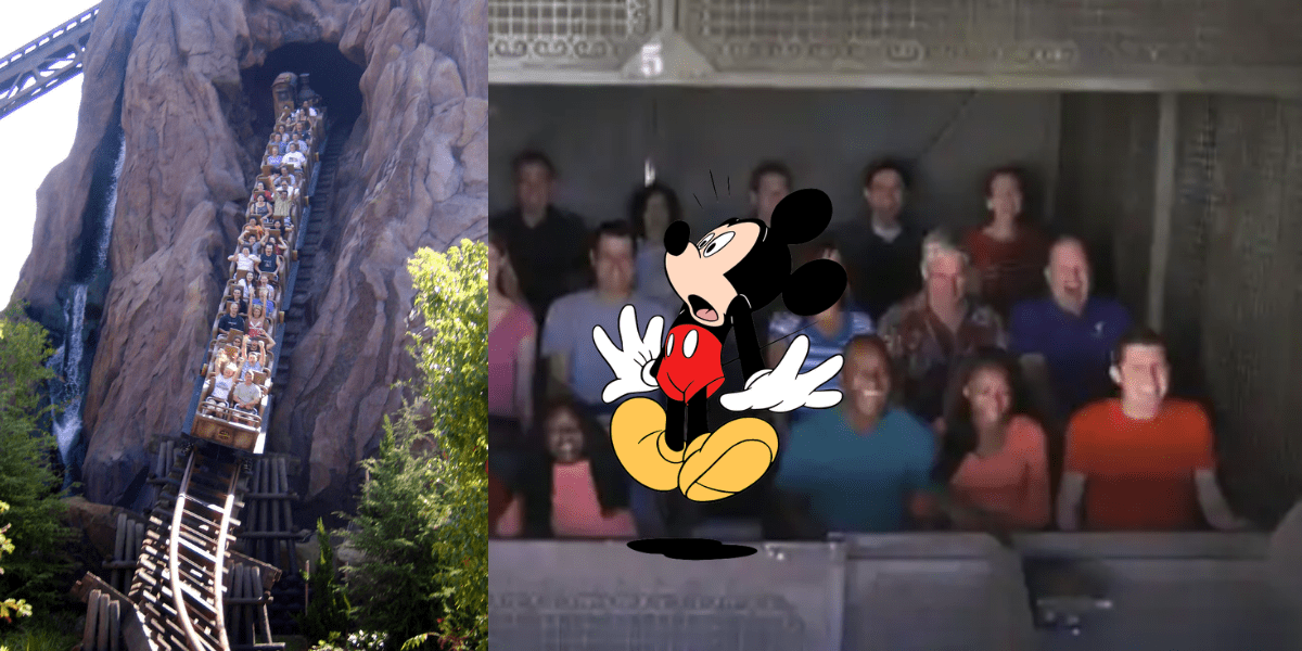 Thrill-seekers plunge down a steep Disney World roller coaster as friends scream with delight on another ride, while a surprised Mickey Mouse illustration captures the electrifying excitement of the park's legendary coasters.