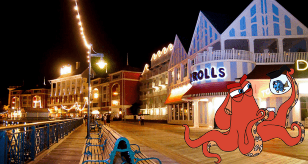 An animated octopus entertaining guests with a fish in its tentacle, set against the vibrant nighttime glow of Disney's BoardWalk.