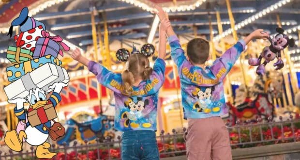 Excitement fills the air as two kids in Disneyland sweatshirts cheer with raised arms by the carousel, while Donald Duck strolls past carrying Disney World 50th Anniversary gifts under a canopy of sparkling lights.
