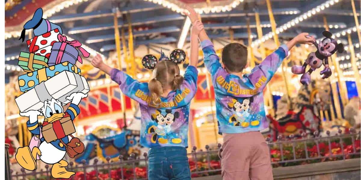 Excitement fills the air as two kids in Disneyland sweatshirts cheer with raised arms by the carousel, while Donald Duck strolls past carrying Disney World 50th Anniversary gifts under a canopy of sparkling lights.