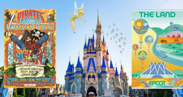 Cinderella Castle illuminated with Tinker Bell soaring above, flanked by classic Disney Park attraction posters for Pirates of the Caribbean and The Land.