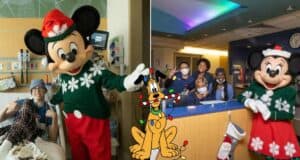 Mickey and Minnie, dressed in festive attire, join Pluto at the center as they brighten the day for patients and staff at the Children's Hospital, spreading Disney magic like they do at theme parks.