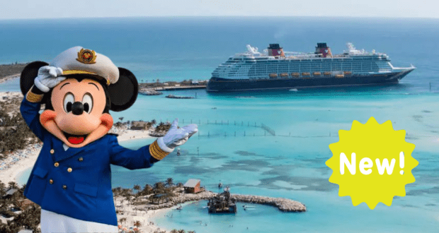 Mickey Mouse, dressed as a captain, welcomes fans by the sparkling ocean with a Disney Cruise Line ship docked nearby, inviting guests to experience the excitement of new 2024 itineraries; “New!” shines in bold yellow text.