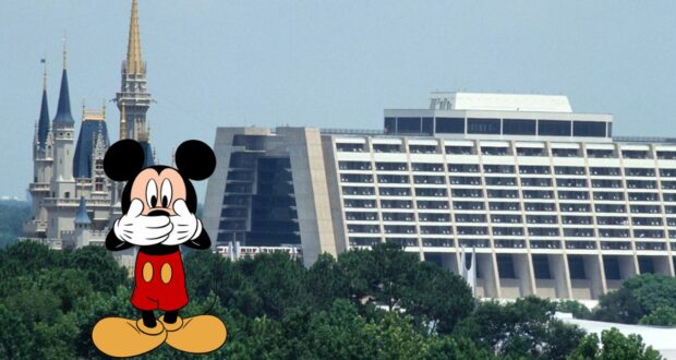 Mickey Mouse greets guests in front of Disney World’s iconic castle and a nearby modern resort hotel, nestled among lush trees, blissfully unaware of the buzz around the recent Disney World Pizza Scam.