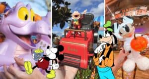 Figment, Mr. Toad's car, and Halloween Mickey Mouse popcorn buckets showcased at a Disney park merchandise store.