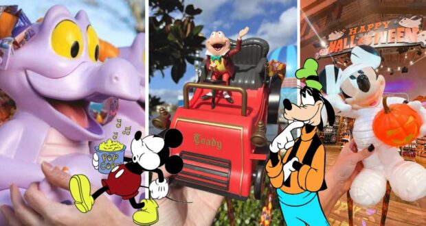 Figment, Mr. Toad's car, and Halloween Mickey Mouse popcorn buckets showcased at a Disney park merchandise store.