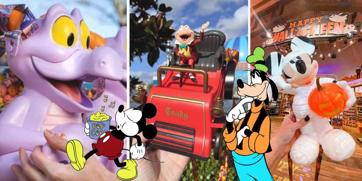 Figment, Mr. Toad's car, and Halloween Mickey Mouse popcorn buckets showcased at a Disney park merchandise store.