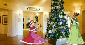 Two animated women add ornaments to a sparkling Christmas tree in a grand, festively lit hotel lobby that captures the magical holiday spirit guests love at Walt Disney World Resort hotels.