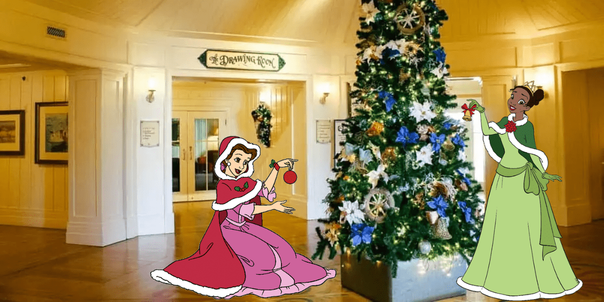 Two animated women add ornaments to a sparkling Christmas tree in a grand, festively lit hotel lobby that captures the magical holiday spirit guests love at Walt Disney World Resort hotels.