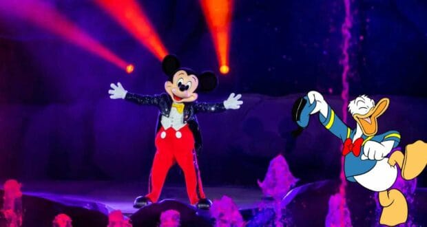 Mickey Mouse takes center stage at Disney World with Donald Duck dancing alongside him, surrounded by dazzling lights and spectacular fountains in a vibrant recreation of Fantasmic’s unforgettable magic.