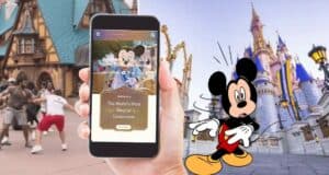 A guest browses the Disney World website on their phone, featuring a spotlight on Disney World Courtesy with iconic Mickey Mouse, Cinderella Castle, and park visitors enjoying the magical atmosphere in the background.