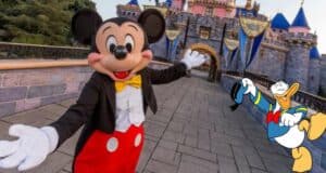 Mickey Mouse stands in front of the iconic Disney castle, with Donald Duck nearby waving to guests, showcasing the unforgettable magic and fun that Disney Park Tickets bring to your visit.