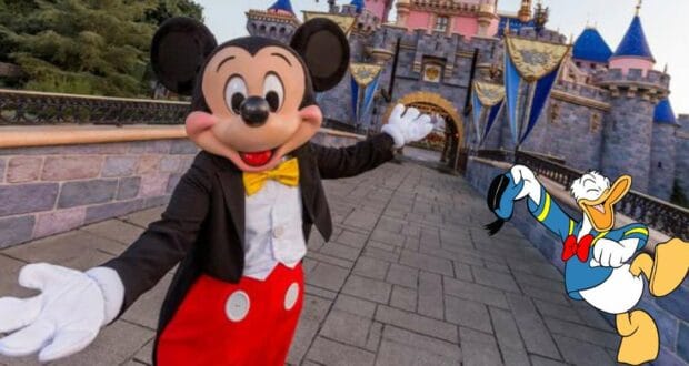 Mickey Mouse stands in front of the iconic Disney castle, with Donald Duck nearby waving to guests, showcasing the unforgettable magic and fun that Disney Park Tickets bring to your visit.