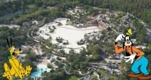 Aerial view of Disney’s Typhoon Lagoon water park with Pluto and Goofy featured in playful overlays above the attractions.