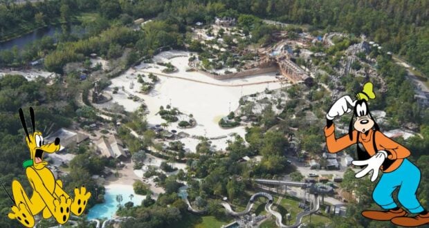 Aerial view of Disney’s Typhoon Lagoon water park with Pluto and Goofy featured in playful overlays above the attractions.