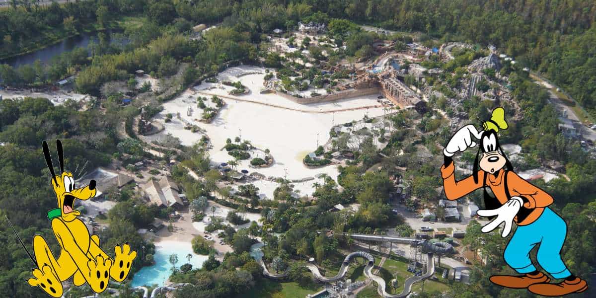 Aerial view of Disney’s Typhoon Lagoon water park with Pluto and Goofy featured in playful overlays above the attractions.