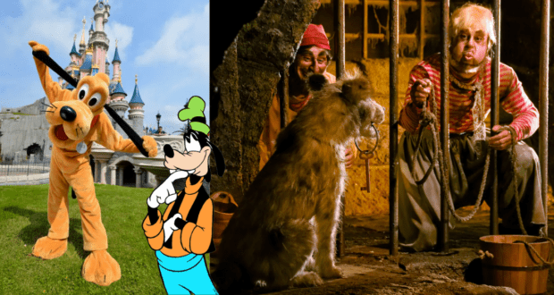 Pluto and Goofy greet guests with big smiles at Disney Parks, while nearby, a playful jail scene unfolds as a mischievous dog guards the keys just out of reach from an animated prisoner.
