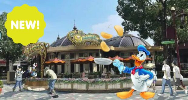 Donald Duck entertains guests by flipping pancakes in front of his charming Donald Duck Restaurant at a lively Disney park, as visitors stroll past and an eye-catching "NEW!" sign adds excitement to this playful scene.