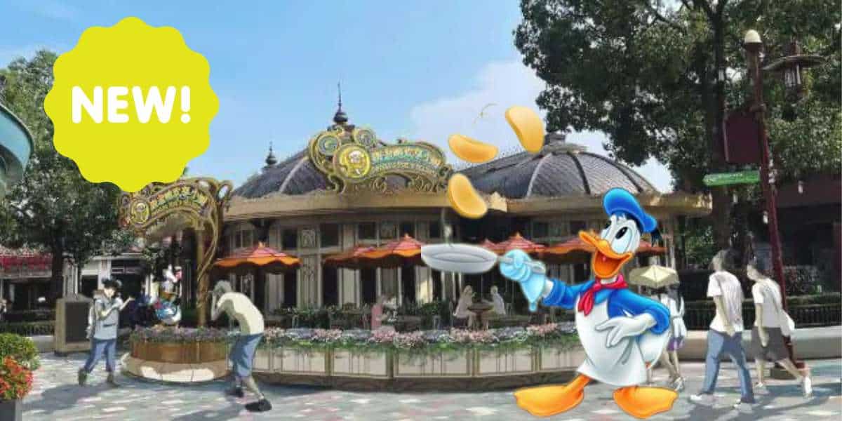 Donald Duck entertains guests by flipping pancakes in front of his charming Donald Duck Restaurant at a lively Disney park, as visitors stroll past and an eye-catching "NEW!" sign adds excitement to this playful scene.