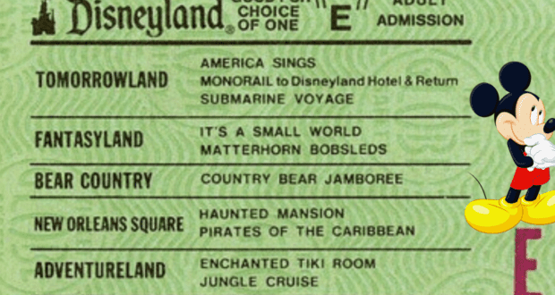 Classic green Disneyland ticket showcasing featured attractions, with Mickey Mouse on the right proudly displaying a red "E" ticket—your gateway to the park’s most exciting experiences.