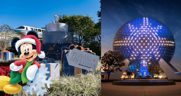 Mickey Mouse dons festive holiday attire and poses by beautifully wrapped gifts, with the dazzling glow of Spaceship Earth shining in the Epcot night. Nearby, EPCOT’s beloved Holiday Storytellers enchant guests with seasonal tales, bringing Disney World’s holiday magic to life.