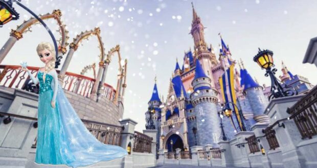 Elsa from Frozen poses in front of Cinderella Castle at Walt Disney World, surrounded by gently falling snowflakes, creating a magical winter scene perfect for guests experiencing the park’s Frozen-themed festivities.