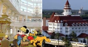 Mickey and Pluto dressed in construction outfits greet guests inside the elegant lobby of Disney’s Grand Floridian Resort; iconic resort’s picturesque exterior also showcased.