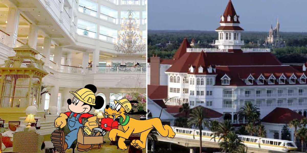 Mickey and Pluto dressed in construction outfits greet guests inside the elegant lobby of Disney’s Grand Floridian Resort; iconic resort’s picturesque exterior also showcased.