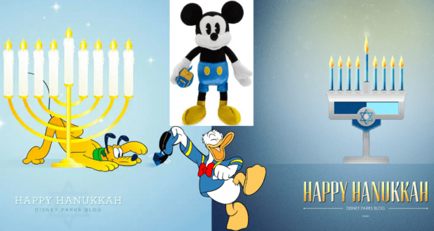 Mickey Mouse, Pluto, and Donald Duck light menorahs amid sparkling Hanukkah decorations at Walt Disney World, capturing the festive spirit of a magical holiday celebration in the park.