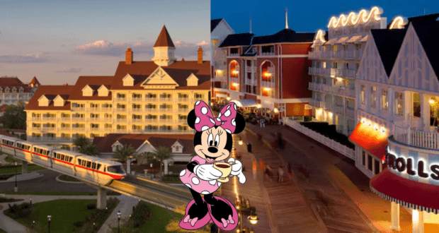 Minnie Mouse welcomes Disney fans as she stands between two Walt Disney World resort hotels—one set in the bright daylight, the other glowing at dusk—inviting guests to explore the magical stories and immersive themes that make each hotel an enchanting part of the Disney experience.