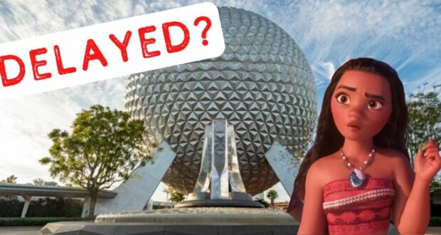 Moana stands with a worried expression in front of Epcot’s iconic Spaceship Earth, while a bold “DELAYED?” sign looms overhead, signaling possible delays for the highly anticipated Journey of Water Inspired by Moana attraction.