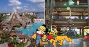 Mickey Mouse and Pluto sporting construction hats welcome guests at Disney’s Polynesian Village Resort, checking out the vibrant Lava Pool and taking in the immersive details of the tropical-themed lobby.