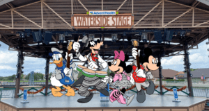 Donald, Goofy, Minnie, and Mickey Mouse light up the Waterside Stage with energetic dance numbers and lively music, creating a magical Disney World experience that delights guests of every age.