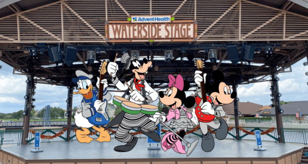 Donald, Goofy, Minnie, and Mickey Mouse light up the Waterside Stage with energetic dance numbers and lively music, creating a magical Disney World experience that delights guests of every age.