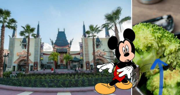 Mickey Mouse at Disney World stands in front of the park, cheerfully pointing to a plate of broccoli with a blue arrow to encourage guests to explore the healthy dining options at Docking Bay 7 Food and Cargo.
