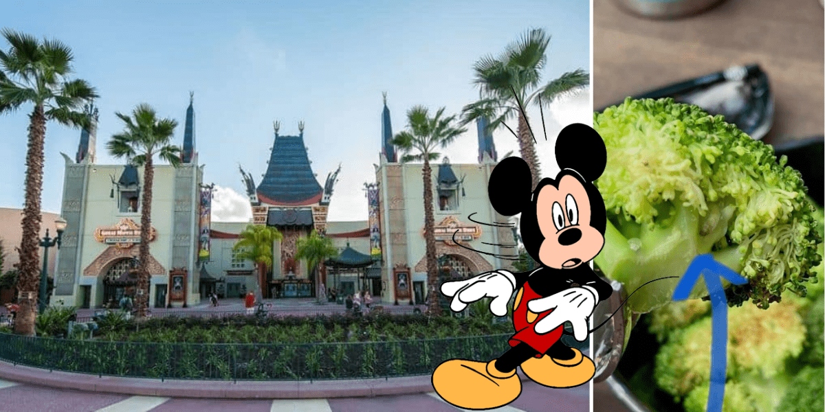 Mickey Mouse at Disney World stands in front of the park, cheerfully pointing to a plate of broccoli with a blue arrow to encourage guests to explore the healthy dining options at Docking Bay 7 Food and Cargo.