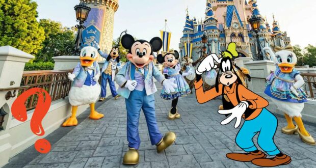 Mickey Mouse and friends gather in front of Cinderella Castle at Disney World, joined by Goofy alongside characters from Pete’s Silly Sideshow. A red question mark is added to the scene.