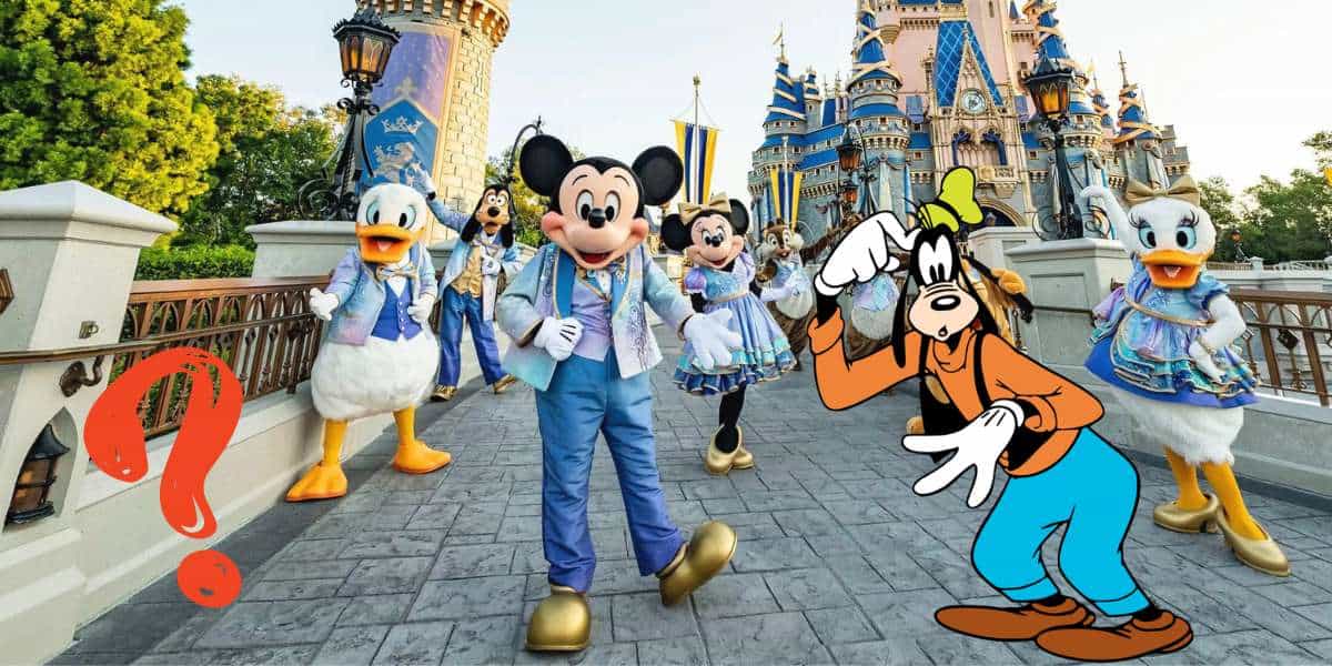 Mickey Mouse and friends gather in front of Cinderella Castle at Disney World, joined by Goofy alongside characters from Pete’s Silly Sideshow. A red question mark is added to the scene.