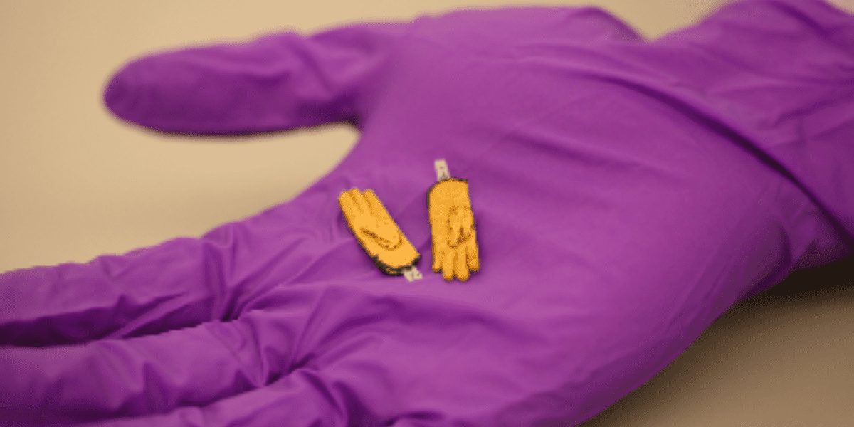 A playful scene where a giant purple glove playfully cradles two miniature yellow gloves on a soft beige stage, capturing the magical, imaginative spirit found in Disneyland attractions.