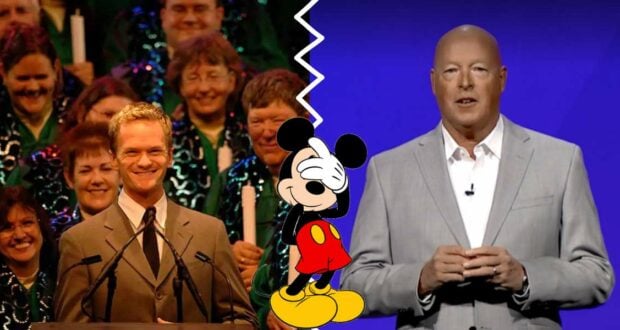 Neil Patrick Harris and Bob Chapek, separated by a jagged line, with Mickey Mouse standing between them, at what appears to be a Disney entertainment event.