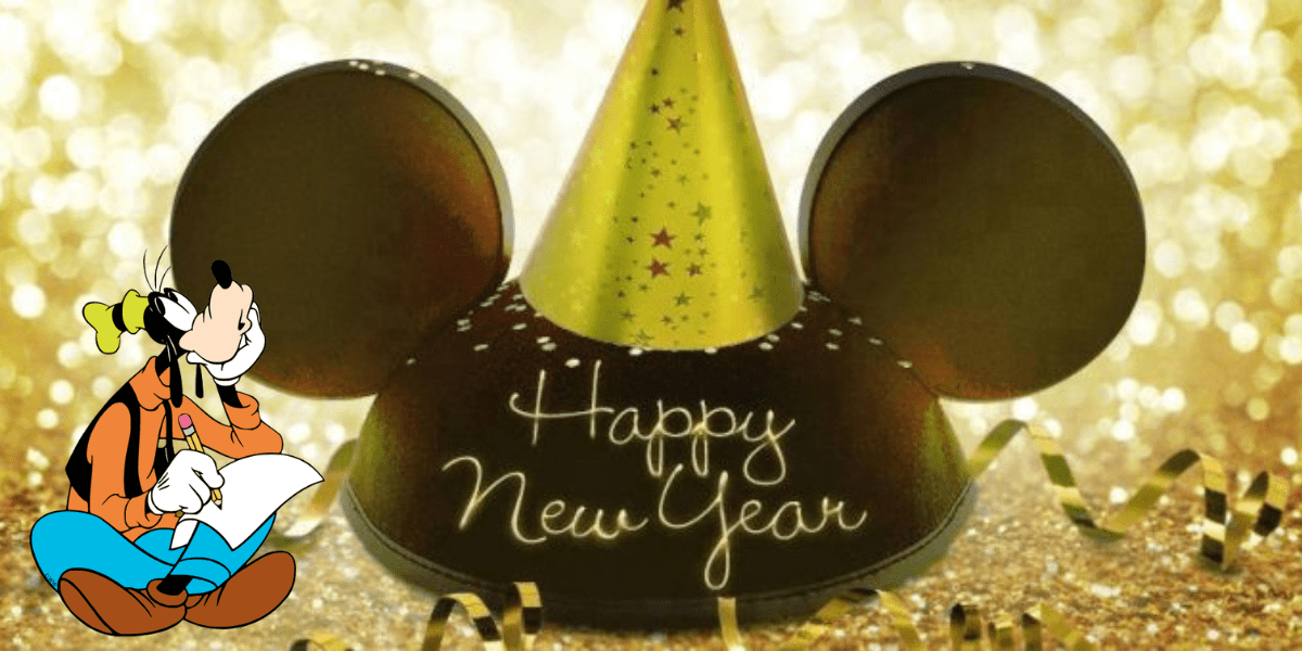Goofy excitedly writes his New Year's Resolutions with a pencil, surrounded by dazzling Disney party decorations and a festive Mickey hat, all sparkling against a glamorous gold backdrop—capturing the vibrant energy of Disney Parks as they ring in the New Year.