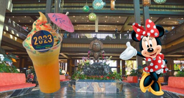 A tropical drink, a Minnie Mouse cartoon on display, and vibrant Disney-themed decor create a lively atmosphere in the spacious Polynesian Village Resort lobby—highlighted by a celebratory New Year's DOLE Whip for the perfect festive kickoff.