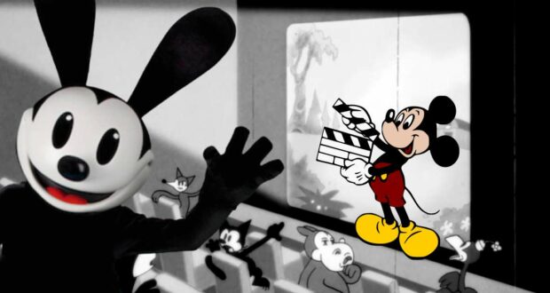 Oswald the Lucky Rabbit joyfully waves alongside Mickey Mouse, who gets ready for action with a clapperboard, all set against a classic black-and-white backdrop reminiscent of vintage Disney animation.