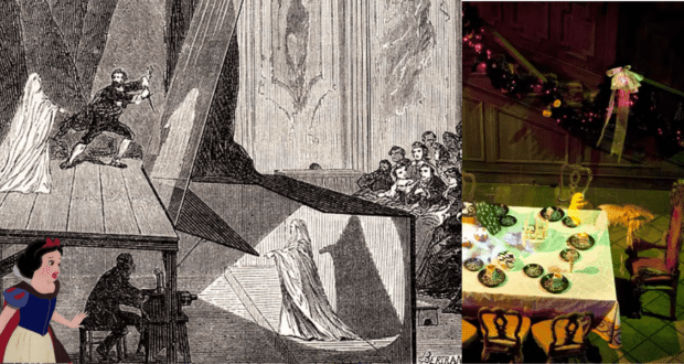 A nostalgic stage illusion at a theme park attraction brings classic Pepper's Ghost effects to life, featuring iconic Snow White animation and a holiday-themed dining table decorated with festive garland.