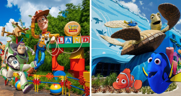 Join Buzz Lightyear and Woody as they welcome guests at Toy Story Land, while Nemo, Dory, and Crush glide along a vibrant blue ocean-themed wall—Instagram-worthy photo ops for your Springtime Surprise runDisney adventure.