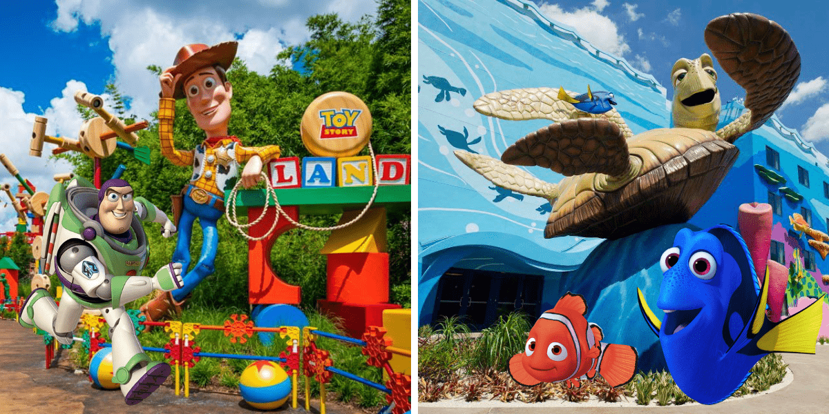 Join Buzz Lightyear and Woody as they welcome guests at Toy Story Land, while Nemo, Dory, and Crush glide along a vibrant blue ocean-themed wall—Instagram-worthy photo ops for your Springtime Surprise runDisney adventure.