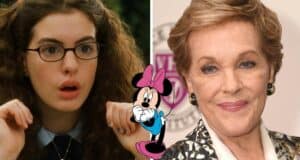 A guest wearing glasses and another channeling Julie Andrews from The Princess Diaries beam with excitement as Minnie Mouse poses with them, creating a magical moment straight out of a Disney park experience.