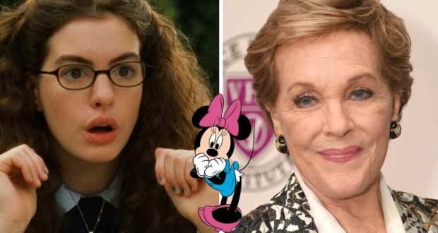 A guest wearing glasses and another channeling Julie Andrews from The Princess Diaries beam with excitement as Minnie Mouse poses with them, creating a magical moment straight out of a Disney park experience.