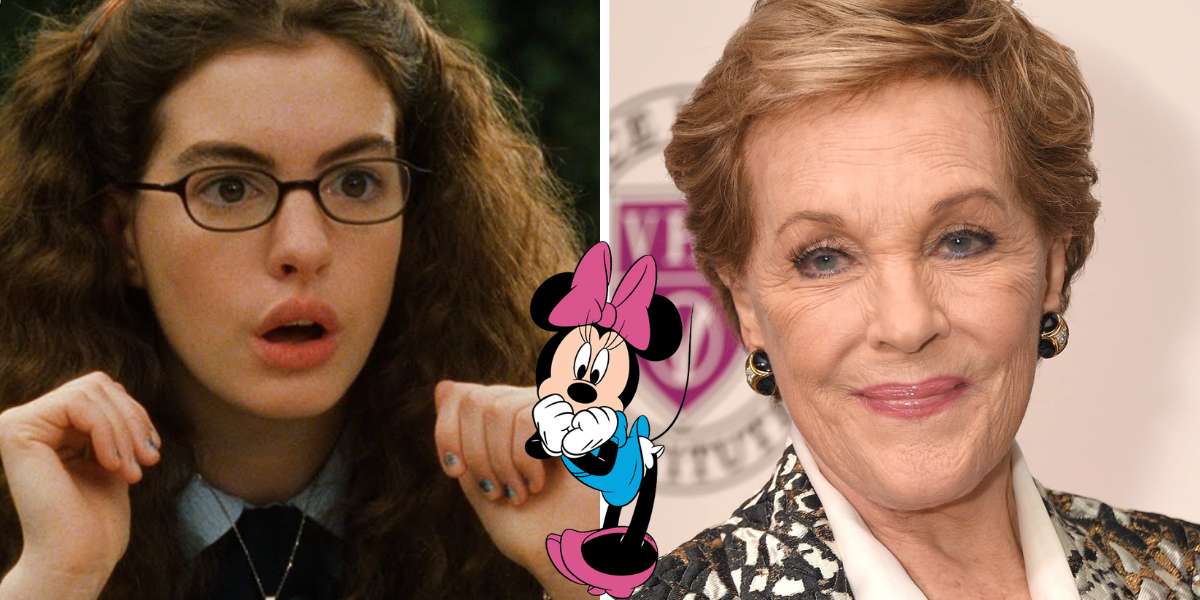 A guest wearing glasses and another channeling Julie Andrews from The Princess Diaries beam with excitement as Minnie Mouse poses with them, creating a magical moment straight out of a Disney park experience.