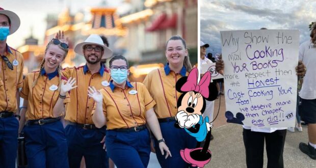 Five Disney cast members smile together while a protester holds up a sign against book bans nearby. A Minnie Mouse cartoon joins the group, capturing the collaborative spirit of a Disney union rally.